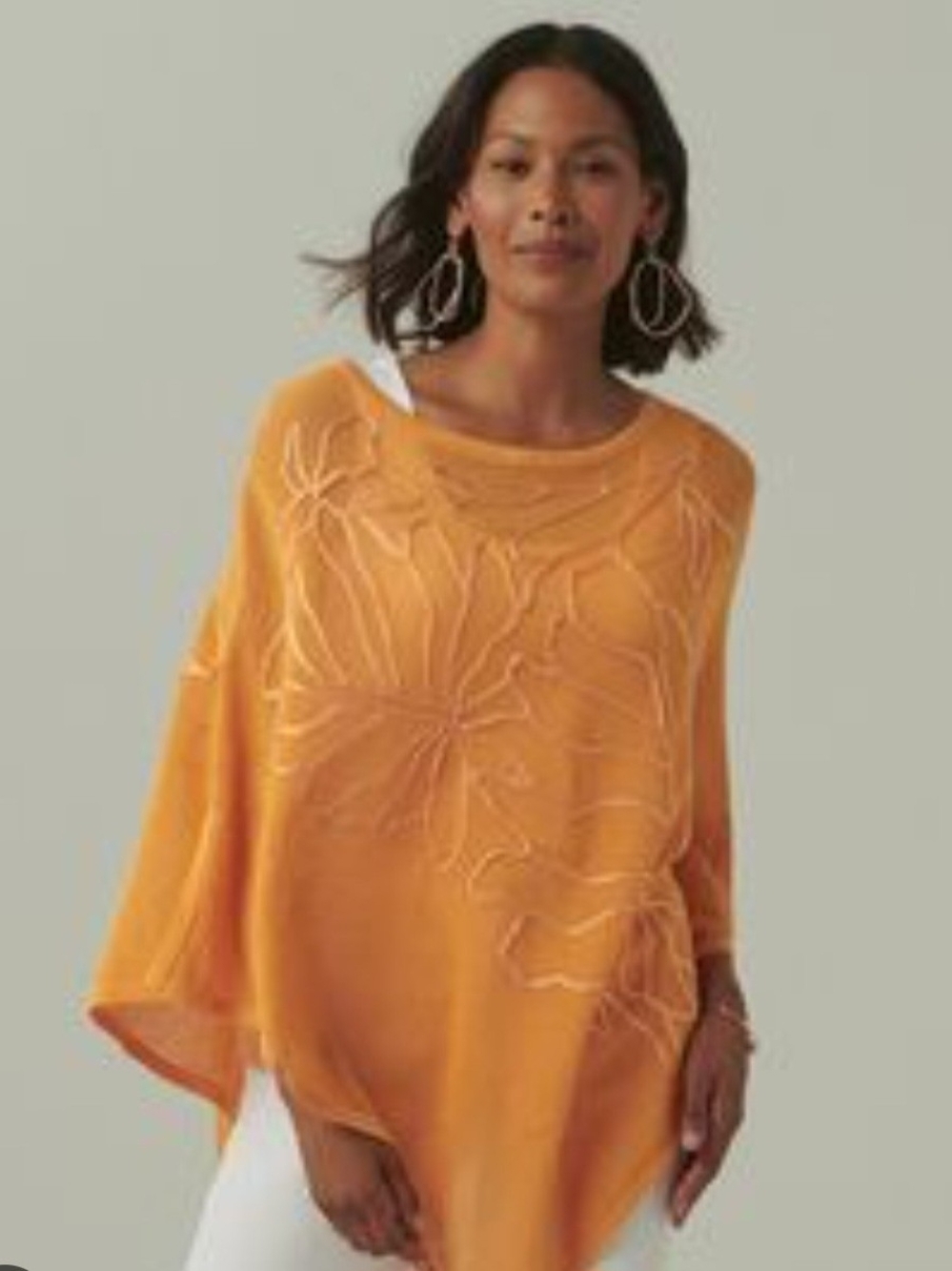 Chico's Mustard Yellow Mesh Poncho Top Leaf Applique Size L/XL EUC Boho Style